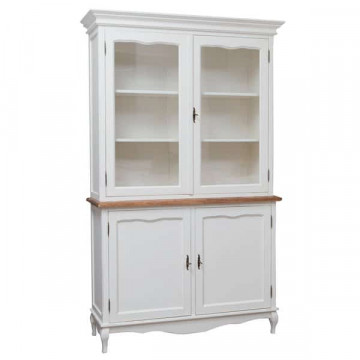 Bufet cu vitrina Toscana Charme cu 2 x 2 usi lemn masiv tei, alb unt + natur antik, 125 x 42 x 207 cm - Img 2