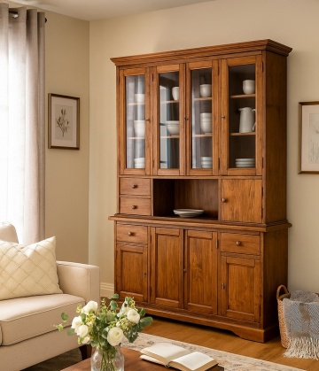 Bufet cu vitrina Toscana nuc antik lemn masiv de tei, 156 x 50 x 200 cm