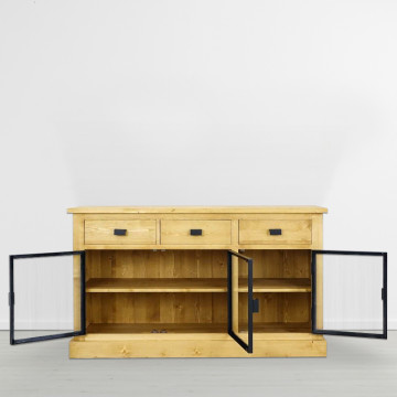 Bufet lemn masiv Industrial Wood 3 usi sticla si 3 sertare, 156 x 50 x 90 cm - Img 3