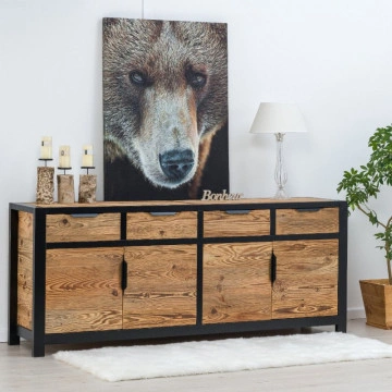 Bufet Rustic Loft 4 usi si 4 sertare, Lemn masiv rustic, 220 x 50 x 90 cm