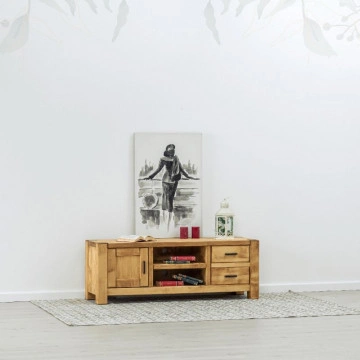 Comoda TV 1 usa, 2 sertare si 2 nise Ecuador, Lemn masiv rustic, 140 x 42 x 50 cm