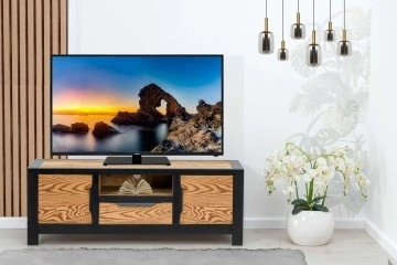 Comoda TV Rustic Loft 2 usi, 1 sertar si nisa, Lemn masiv rustic, 140 x 40 x 50 cm - Img 6
