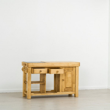 Insula de bucatarie Rustic Flame, 1 usa si 2 sertare, lemn masiv rustic, 135 x 50 x 85 cm - Img 3