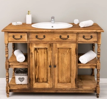 Masca de baie rustica cu 2 usi si 2 sertare, lemn masiv, 128 x 54 x 91 cm - Img 3