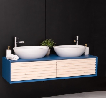 Mobilier de baie dublu lemn masiv Pianno cu 2 sertare, suspendat, 150 x 50 x 33 cm