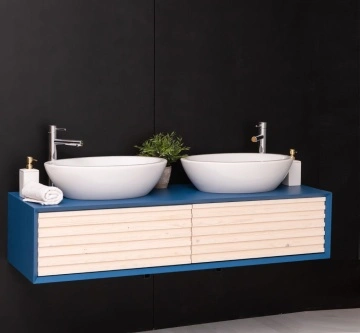 Mobilier de baie dublu lemn masiv Pianno cu 2 sertare, suspendat, 150 x 50 x 33 cm
