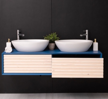 Mobilier de baie dublu lemn masiv Pianno cu 2 sertare, suspendat, 150 x 50 x 33 cm - Img 5