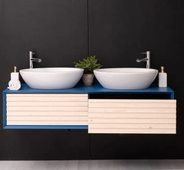 Mobilier de baie dublu lemn masiv Pianno cu 2 sertare, suspendat, 150 x 50 x 33 cm - Img 5