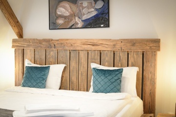 Pat din grinzi, 100% lemn recuperat, stejar masiv rustic, model Hermes, 140cm, 160cm, 180cm sau 200cm - Img 5