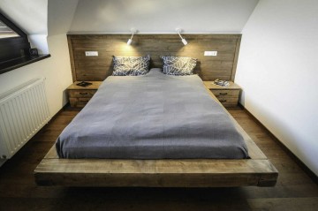 Pat lemn masiv pin model Caledon, grinzi solide rustice, 140 cm, 160 cm, 180 cm, 200 x 200 cm - Img 1