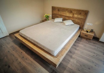 Pat lemn masiv pin model Pireus, grinzi solide rustice, 140 cm, 160 cm, 180 cm sau 200 x 200 cm - Img 5