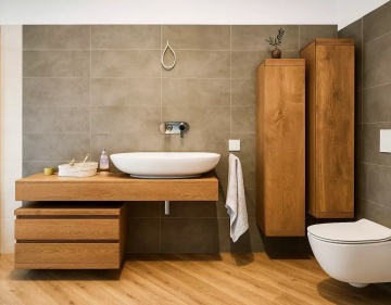 Set Mobilier baie Alexandros Stejar Masiv, blat lavoar cu sertare si 2 dulapuri