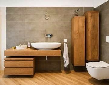 Set Mobilier baie Alexandros Stejar Masiv, blat lavoar cu sertare si 2 dulapuri