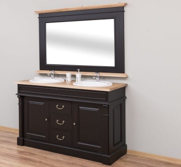 Set mobilier baie lemn masiv, masca pentru 2 lavoare + oglinda, blat stejar masiv, 150 x 51 x 91 cm - Img 7