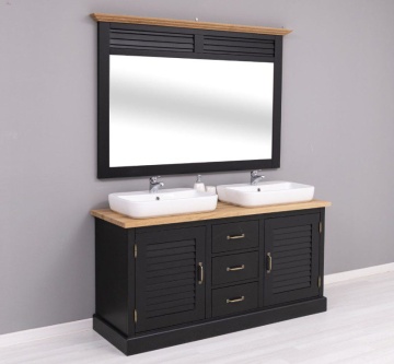 Set mobilier baie lemn masiv Ohanna negru, masca de baie dubla + oglinda, blat stejar masiv, 150 x 51 x 75 cm - Img 2