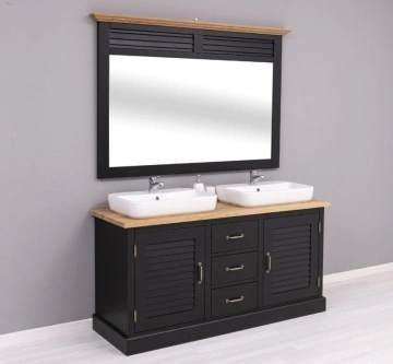 Set mobilier baie lemn masiv Ohanna negru, masca de baie dubla + oglinda, blat stejar masiv, 150 x 51 x 75 cm - Img 2