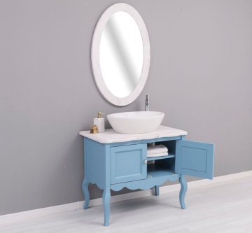 Set mobilier baie Shabby Rustic, masca lavoar + oglinda ovala lemn masiv, 90 x 54 x 175 cm - Img 4