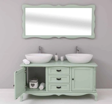 Set Mobilier de Baie Lemn Masiv Shabby Rustic, Oglinda + Masca 2 lavoare, 2 usi si 3 sertare - Img 4