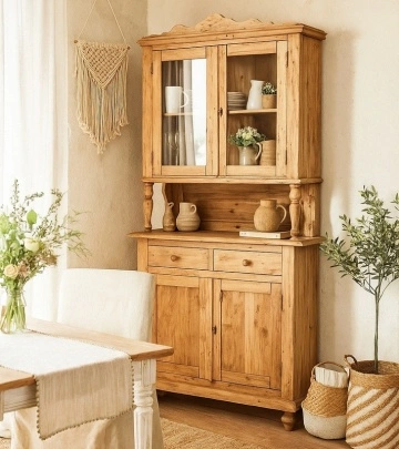 Bufet cu vitrina Dolce Toscana lemn masiv tei, natur antik, 107 x 43 x 238 cm