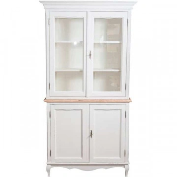 Bufet cu vitrina Toscana Charme lemn masiv tei, alb unt + natur antik, 100 x 38 x 200 cm