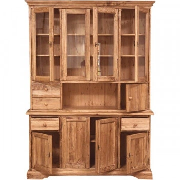 Bufet cu vitrina Toscana natur antik lemn masiv de tei, 156 x 50 x 200 cm - Img 2