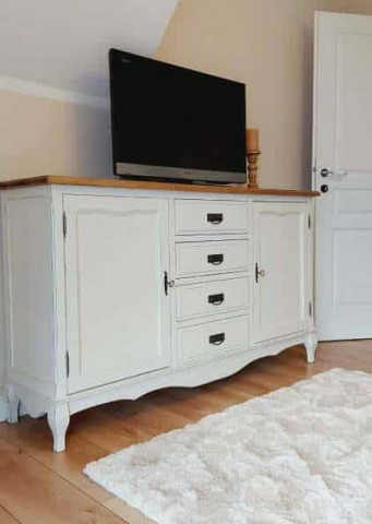 Bufet Toscana Charme cu 2 usi si 4 sertare, lemn masiv tei, alb unt + natur antik, 160 x 42 x 90 cm - Img 4