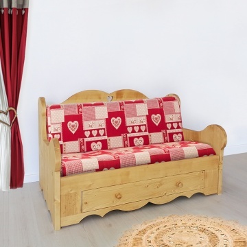 Canapea Cabana Rustica lemn masiv, model cu sertar si tapiterie, 148 x 92 x 90 cm