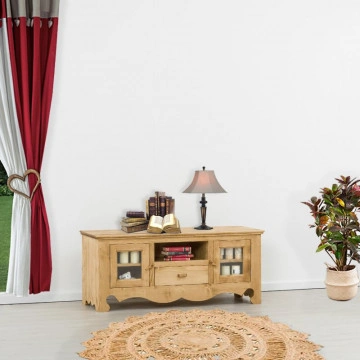 Comoda TV Cabana cu 2 usi si 1 sertar si nisa, Lemn masiv rustic, 140 x 50 x 60 cm