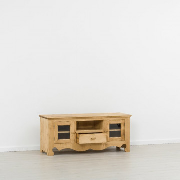 Comoda TV Cabana cu 2 usi si 1 sertar si nisa, Lemn masiv rustic, 140 x 50 x 60 cm - Img 2