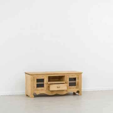 Comoda TV Cabana cu 2 usi si 1 sertar si nisa, Lemn masiv rustic, 140 x 50 x 60 cm - Img 2
