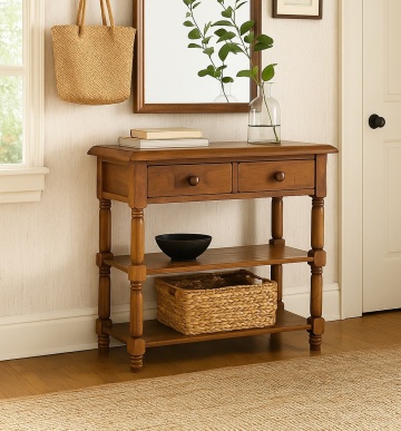 Consola Toscana cu 2 sertare lemn masiv tei, nuc antik, 80 x 38 x 80 cm