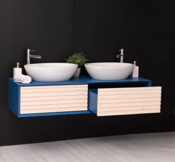 Mobilier de baie dublu lemn masiv Pianno cu 2 sertare, suspendat, 150 x 50 x 33 cm - Img 6