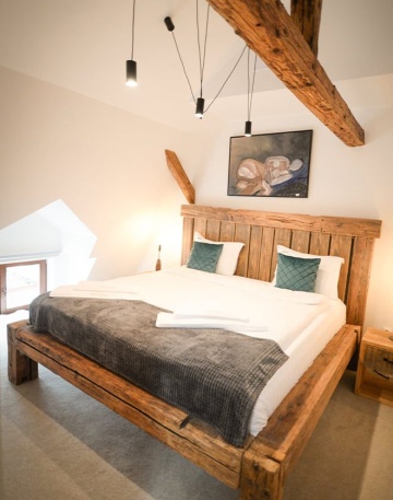 Pat din grinzi, 100% lemn recuperat, stejar masiv rustic, model Hermes, 140cm, 160cm, 180cm sau 200cm - Img 6