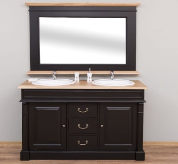 Set mobilier baie lemn masiv, masca pentru 2 lavoare + oglinda, blat stejar masiv, 150 x 51 x 91 cm - Img 1