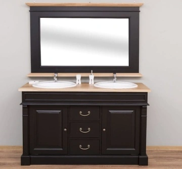 Set mobilier baie lemn masiv, masca pentru 2 lavoare + oglinda, blat stejar masiv, 150 x 51 x 91 cm
