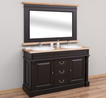 Set mobilier baie lemn masiv, masca pentru 2 lavoare + oglinda, blat stejar masiv, 150 x 51 x 91 cm - Img 8