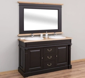 Set mobilier baie lemn masiv, masca pentru 2 lavoare + oglinda, blat stejar masiv, 150 x 51 x 91 cm - Img 8