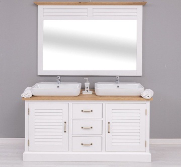 Set mobilier baie lemn masiv Ohanna alb, masca de baie dubla + oglinda, blat stejar masiv, 150 x 51 x 75 cm