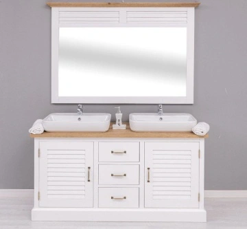 Set mobilier baie lemn masiv Ohanna alb, masca de baie dubla + oglinda, blat stejar masiv, 150 x 51 x 75 cm