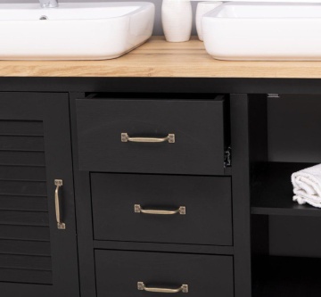Set mobilier baie lemn masiv Ohanna negru, masca de baie dubla + oglinda, blat stejar masiv, 150 x 51 x 75 cm - Img 3