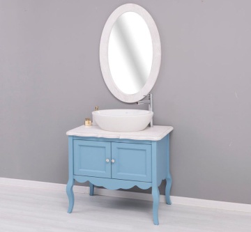 Set mobilier baie Shabby Rustic, masca lavoar + oglinda ovala lemn masiv, 90 x 54 x 175 cm - Img 5