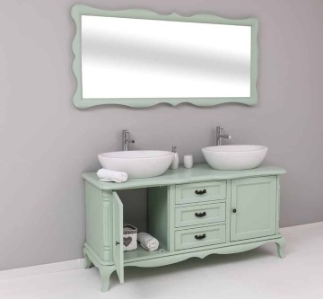 Set Mobilier de Baie Lemn Masiv Shabby Rustic, Oglinda + Masca 2 lavoare, 2 usi si 3 sertare - Img 5