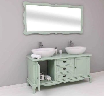 Set Mobilier de Baie Lemn Masiv Shabby Rustic, Oglinda + Masca 2 lavoare, 2 usi si 3 sertare - Img 5