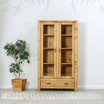 Vitrina Ecuador cu 2 usi si 1 sertar, Lemn masiv rustic, 110 x 40 x 195 cm - Img 3