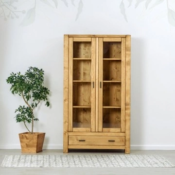 Vitrina Ecuador cu 2 usi si 1 sertar, Lemn masiv rustic, 110 x 40 x 195 cm - Img 3