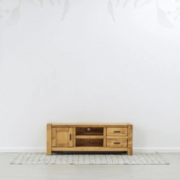 Comoda TV 1 usa, 2 sertare si 2 nise Ecuador, Lemn masiv rustic, 140 x 42 x 50 cm - Img 3