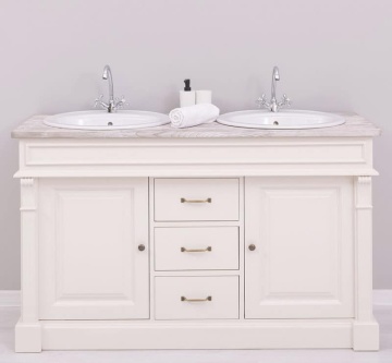 Masca de baie lemn masiv pentru 2 lavoare, 2 usi si 3 sertare, 150 x 51 x 91 cm - Img 1
