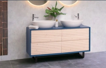 Mobilier de baie dublu lemn masiv Pianno cu 4 sertare, 150 x 50 x 76 cm - Img 7
