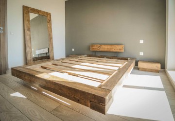 Pat lemn masiv pin model Chania, grinzi solide rustice, 140 cm, 160 cm, 180 cm sau 200 x 200 cm - Img 2