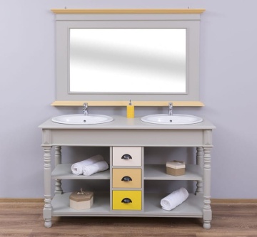 Set mobilier baie lemn masiv, masca de lavoar dubla + oglinda, 150 x 54 x 90 cm - Img 1